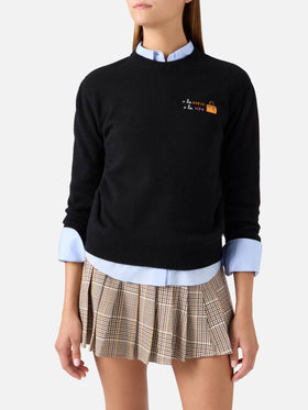Black New Queen wool and cashmere blend crewneck with O La Borsa O La Vita embroidery