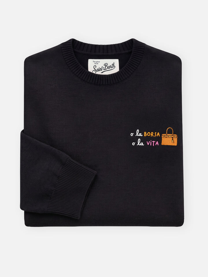 Jersey de cuello redondo en mezcla de lana y cachemira Black New Queen con bordado O La Borsa O La Vita 