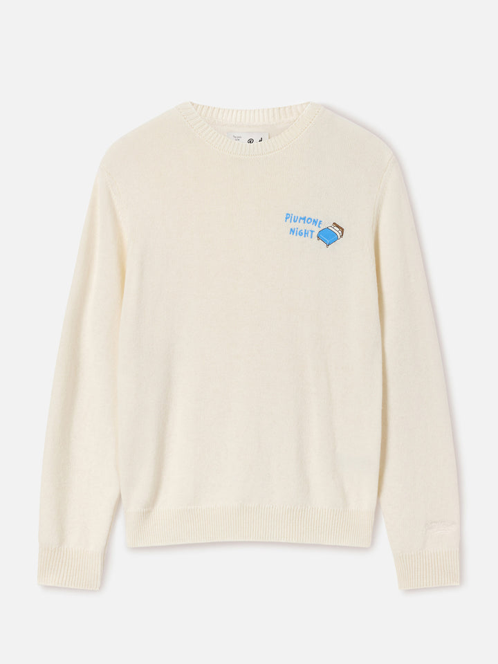 Pull col rond en mélange de laine et cachemire Off white New Queen avec broderie Piumone Night 