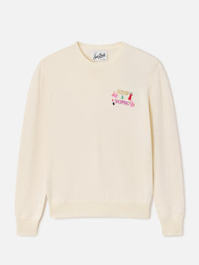 Cremefarbenes New Queen Rundhalsshirt aus Woll- und Kaschmirmischung mit Gossip & Shopping-Stickerei 