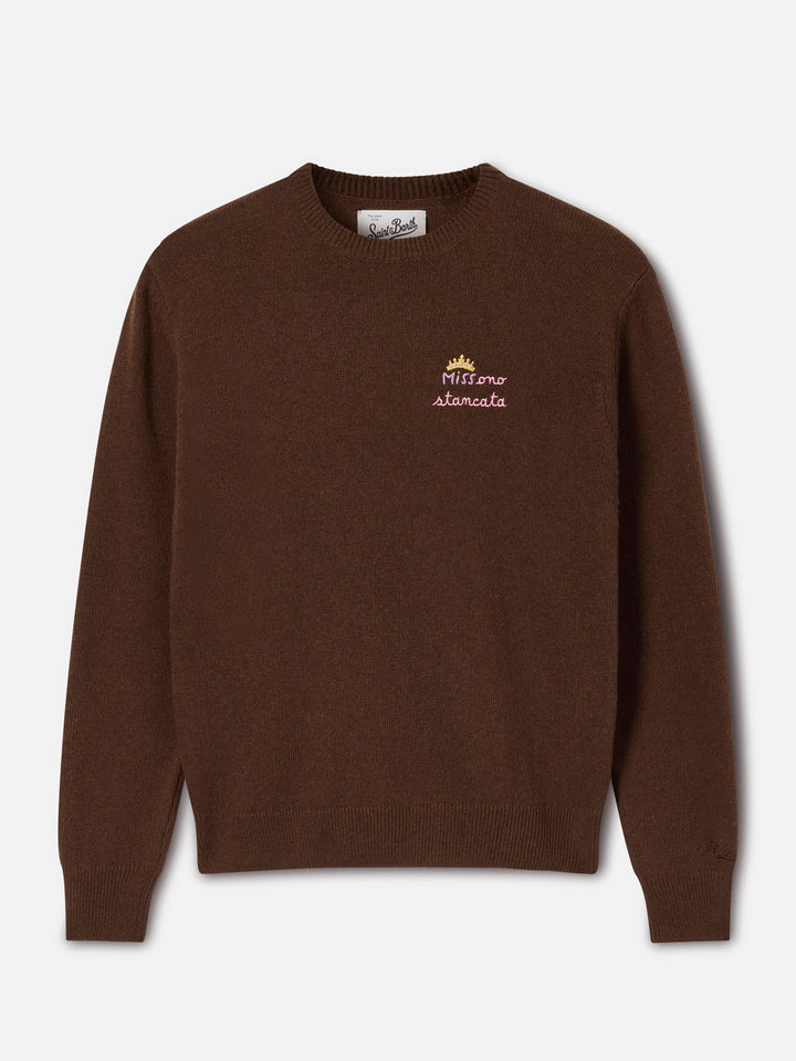 Pull ras-du-cou marron New Queen en mélange de laine et de cachemire avec broderie Miss Sono Stancata 