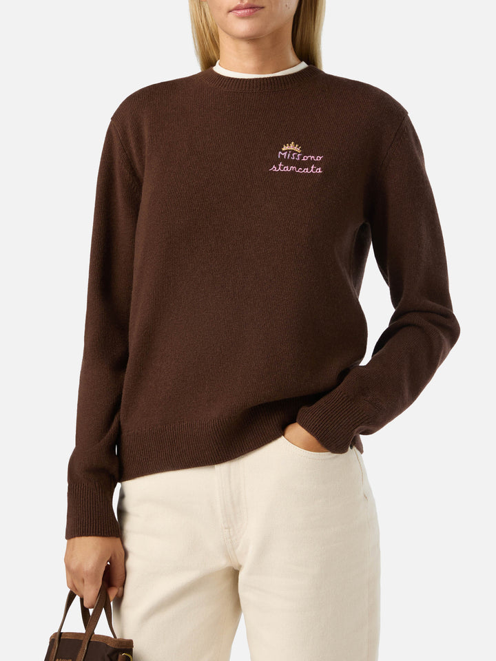 Pull ras-du-cou marron New Queen en mélange de laine et de cachemire avec broderie Miss Sono Stancata 