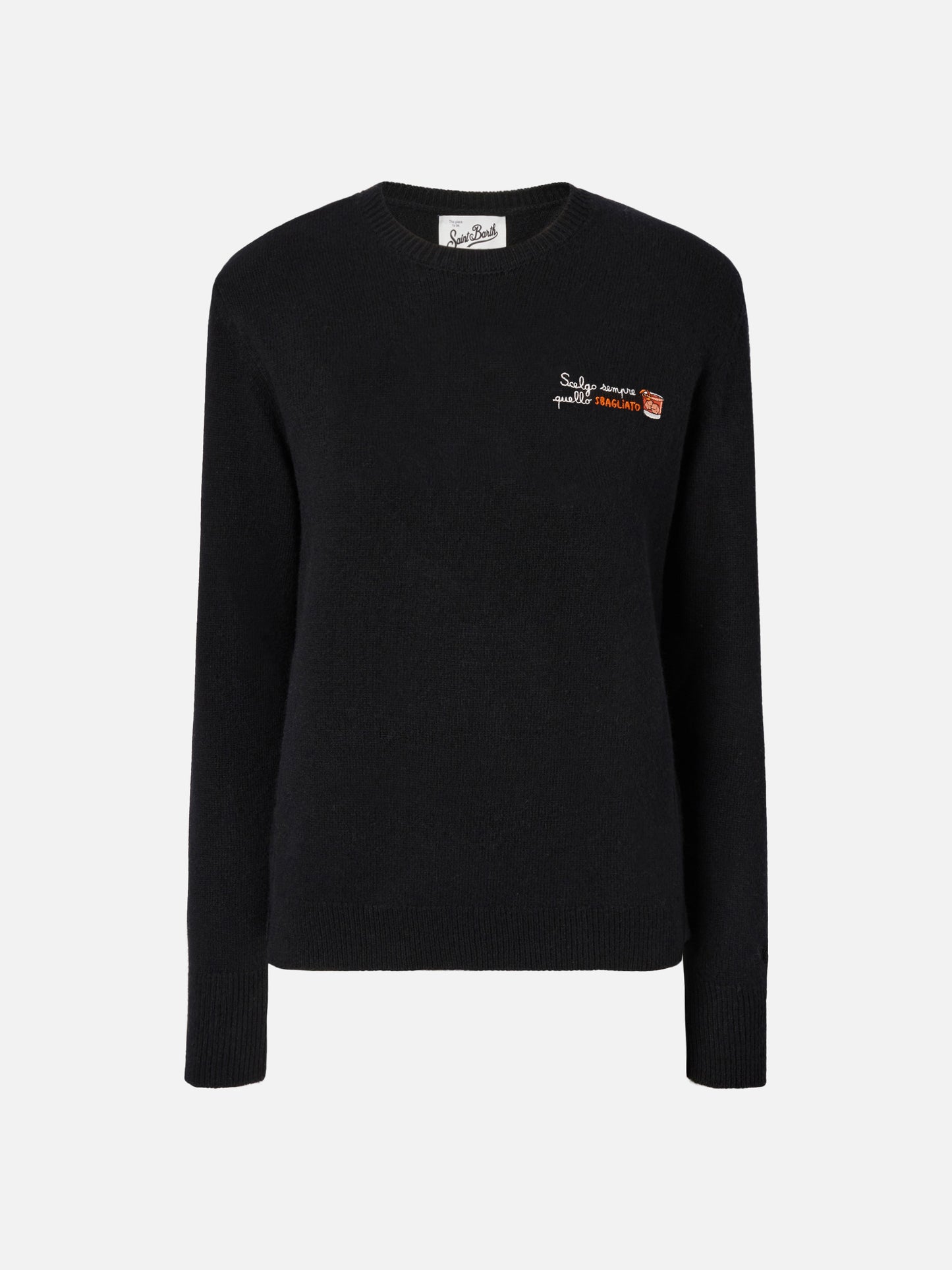 Maglione New Queen in misto cashmere nero con ricamo Scelgo sempre quello sbagliato