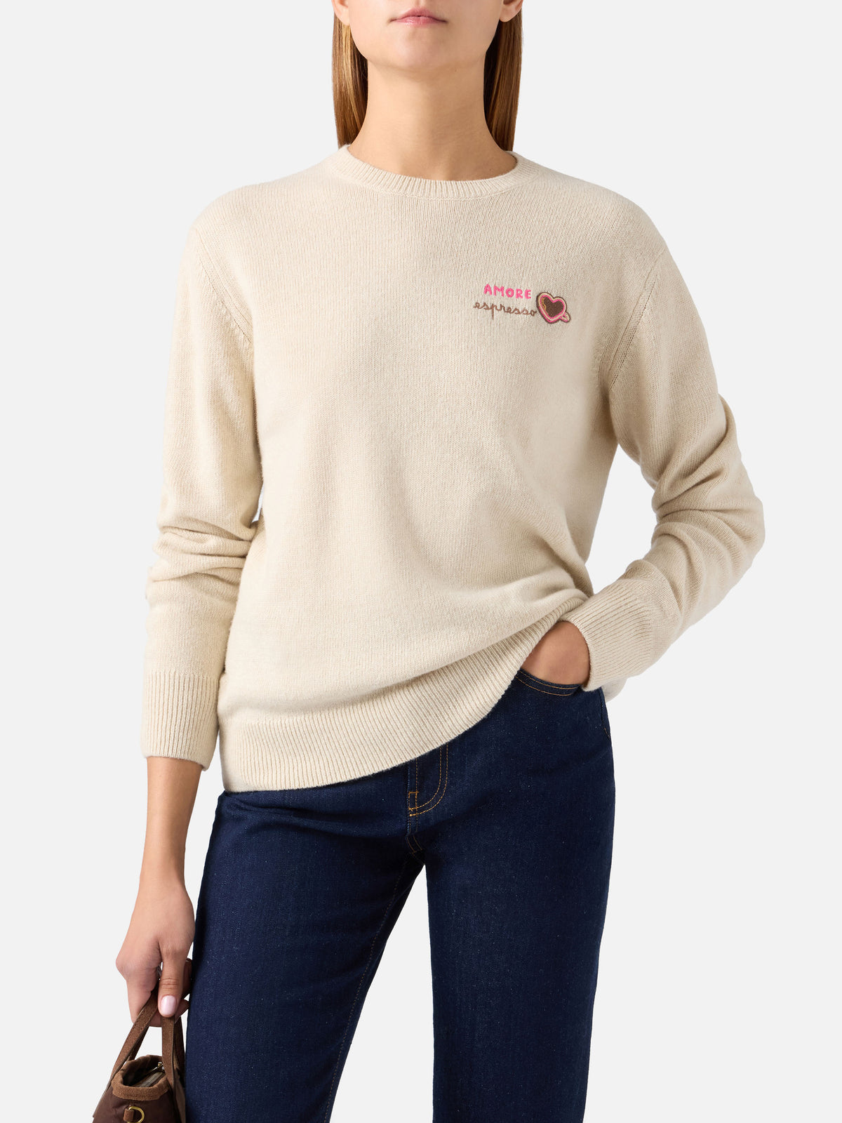 Grain New Queen wool and cashmere blend crewneck with Amore Espresso embroidery