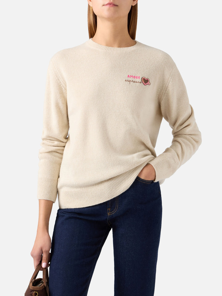 Grain New Queen wool and cashmere blend crewneck with Amore Espresso embroidery