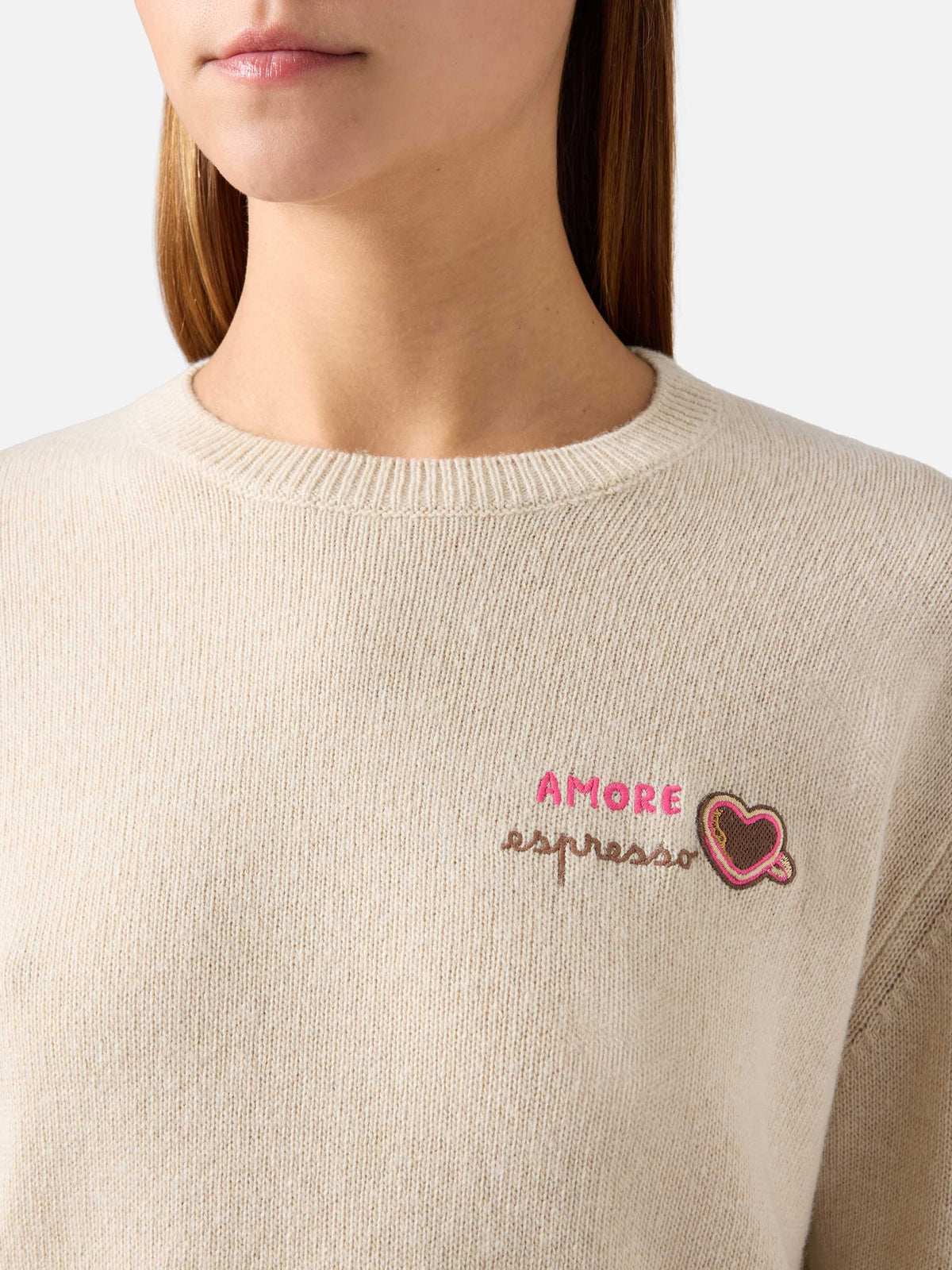 Grain New Queen wool and cashmere blend crewneck with Amore Espresso embroidery