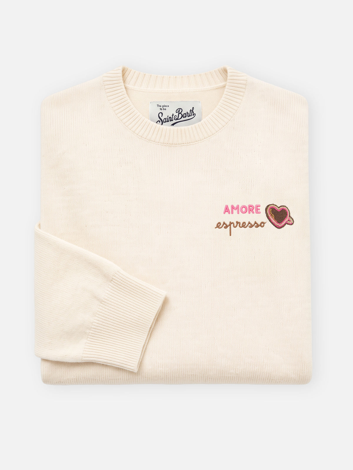 Pullover mit Rundhalsausschnitt aus Woll- und Kaschmirmischung Grain New Queen mit Amore Espresso-Stickerei 
