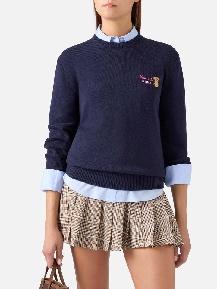 Pull ras-du-cou en mélange de laine et cachemire Navy blue New Queen avec broderie Non Mi Fido 
