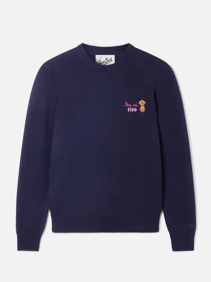 Pull ras-du-cou en mélange de laine et cachemire Navy blue New Queen avec broderie Non Mi Fido 