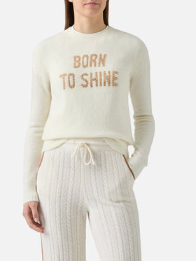 Neuer Queen Stretch-Pullover aus Merinowolle und Alpaka-Mischgewebe in Weiß mit Born to Shine Strassapplikation