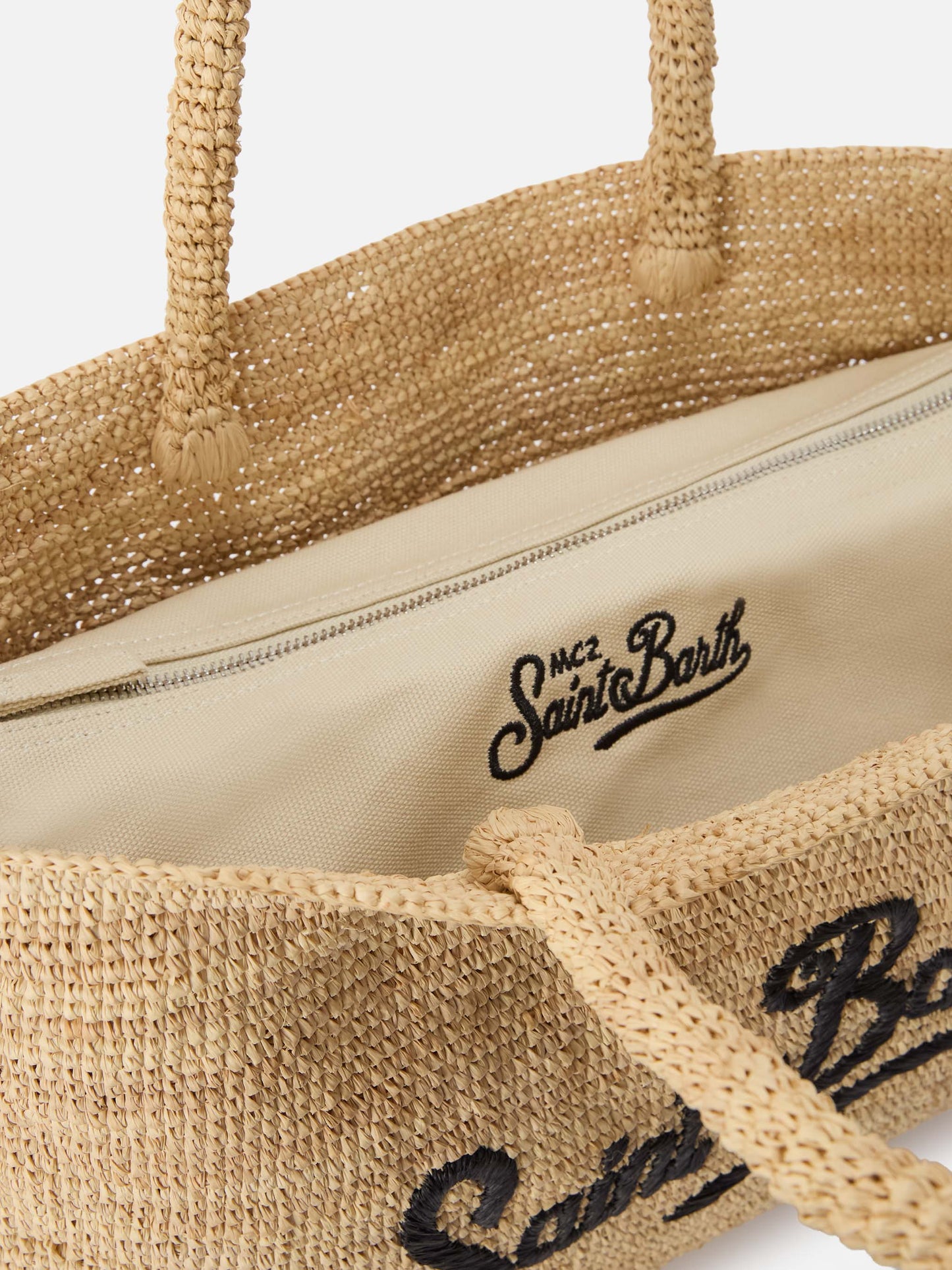 Beach raffia bag with black contrasting embroidered logo