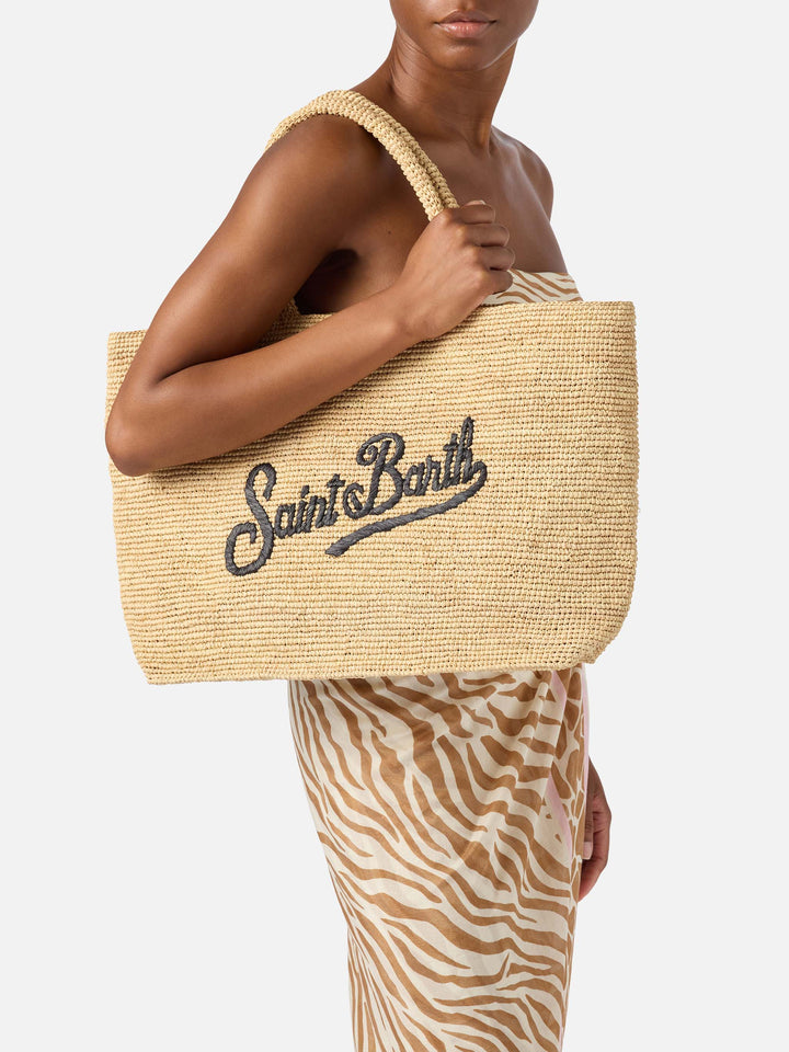 Borsa Beach in raffia con logo ricamato a contrasto nero