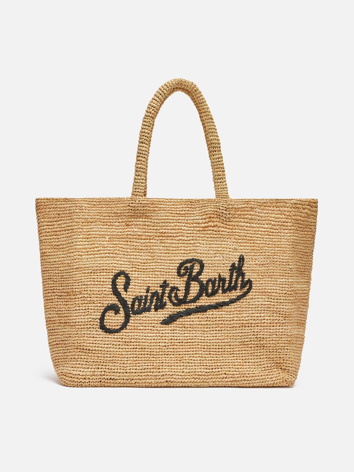 Beach raffia bag with black contrasting embroidered logo