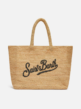 Beach raffia bag with black contrasting embroidered logo