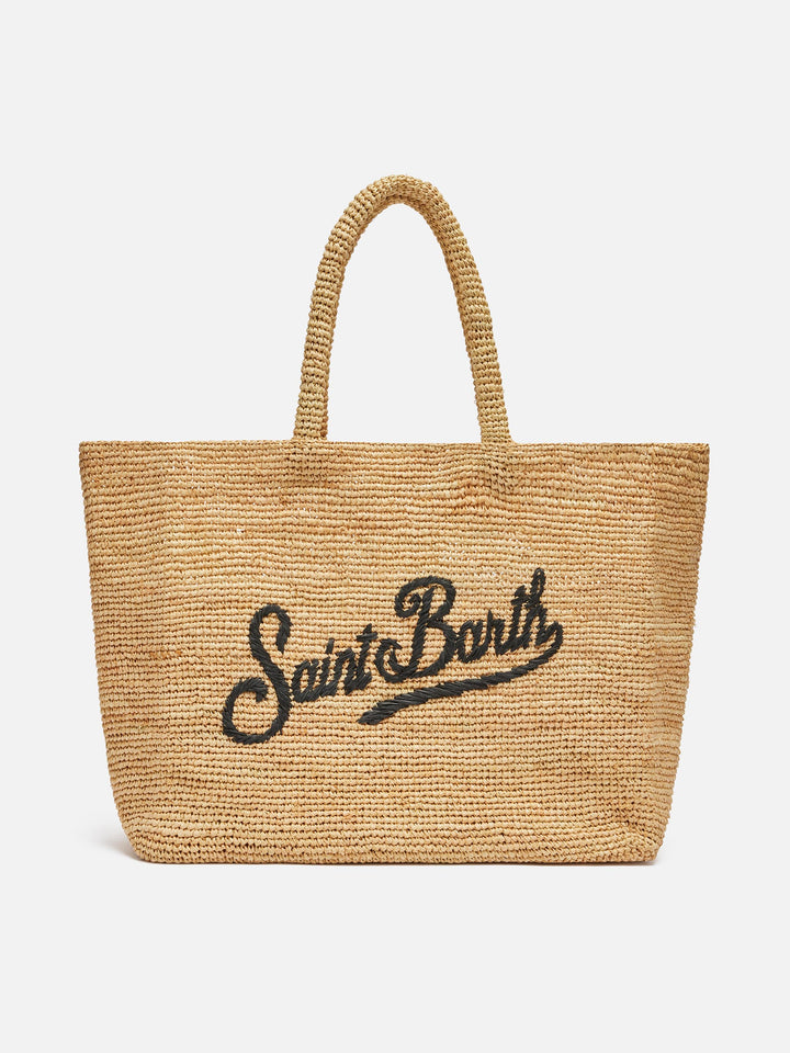 Beach raffia bag with black contrasting embroidered logo
