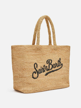 Beach raffia bag with black contrasting embroidered logo