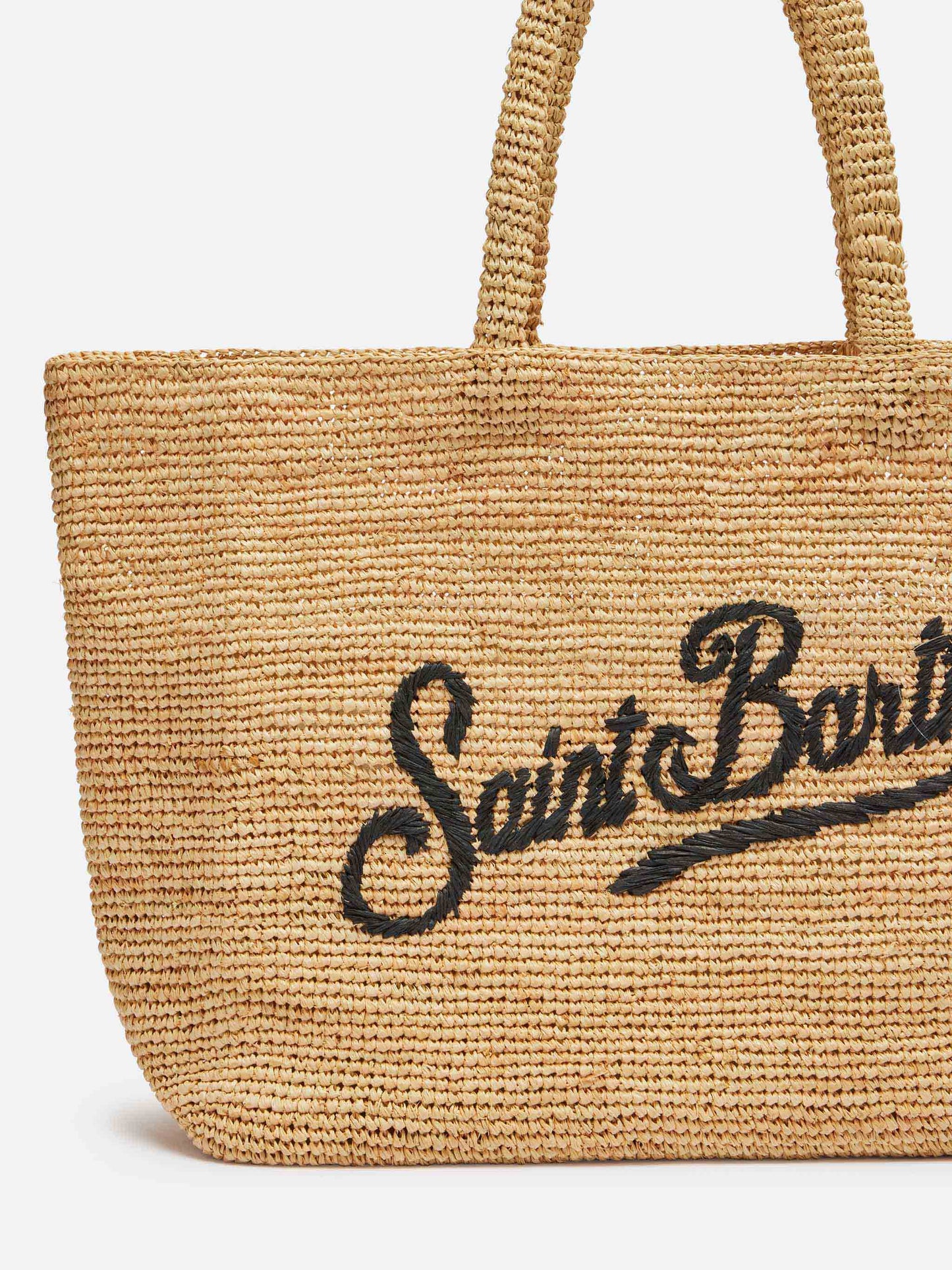Beach raffia bag with black contrasting embroidered logo