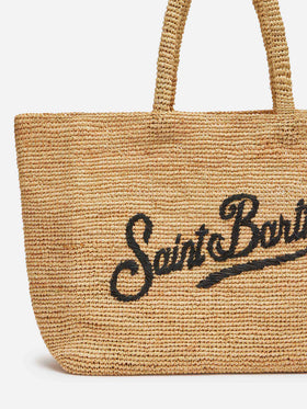 Beach raffia bag with black contrasting embroidered logo