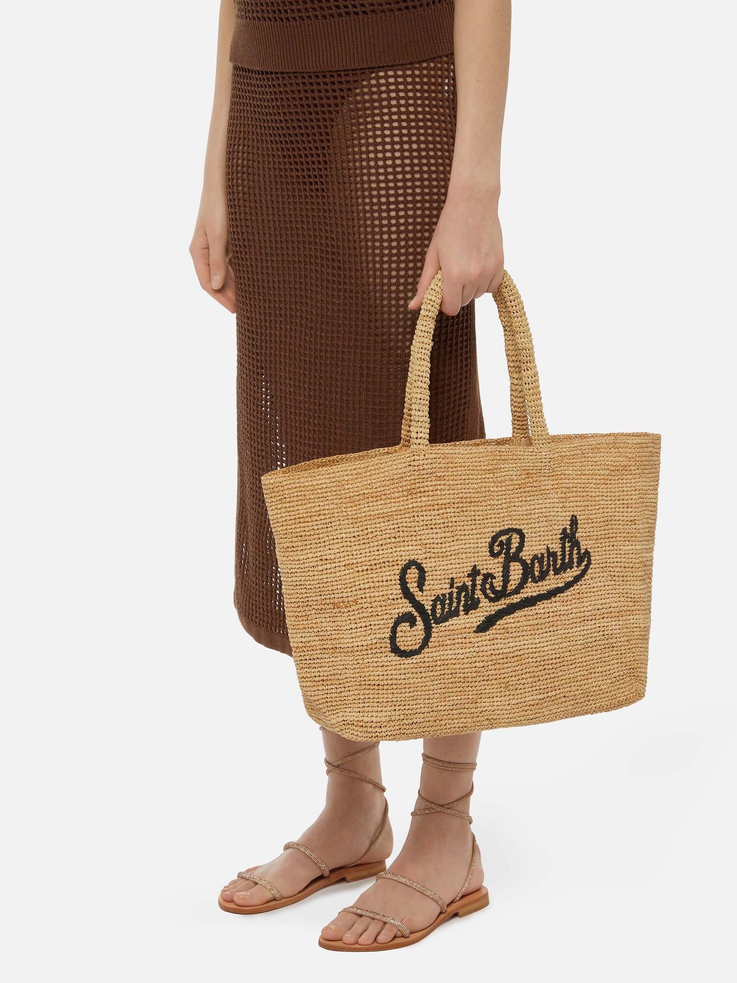 Beach raffia bag with black contrasting embroidered logo