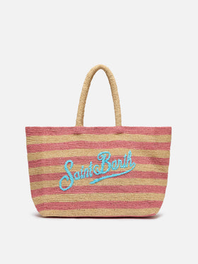 Pink striped Raffia Beach bag with cotton pouch