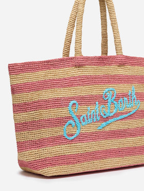 Pink striped Raffia Beach bag with cotton pouch