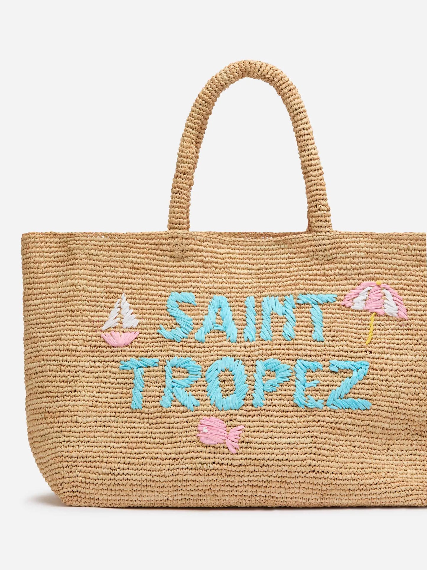 Rafia Beach Bag beige con pochette interna in cotone e ricamo St. Tropez