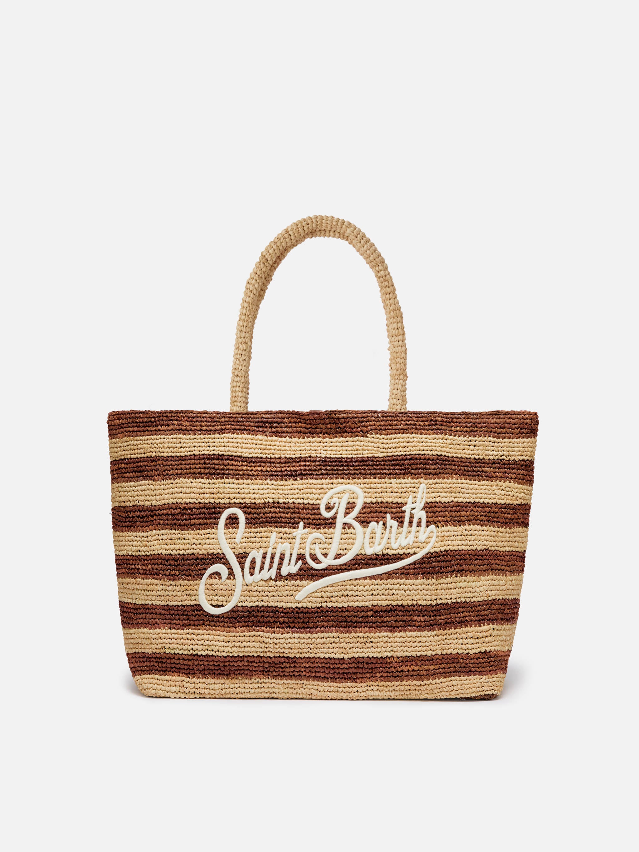 Beach raffia bag with brown stripes and embroidered logo – MC2