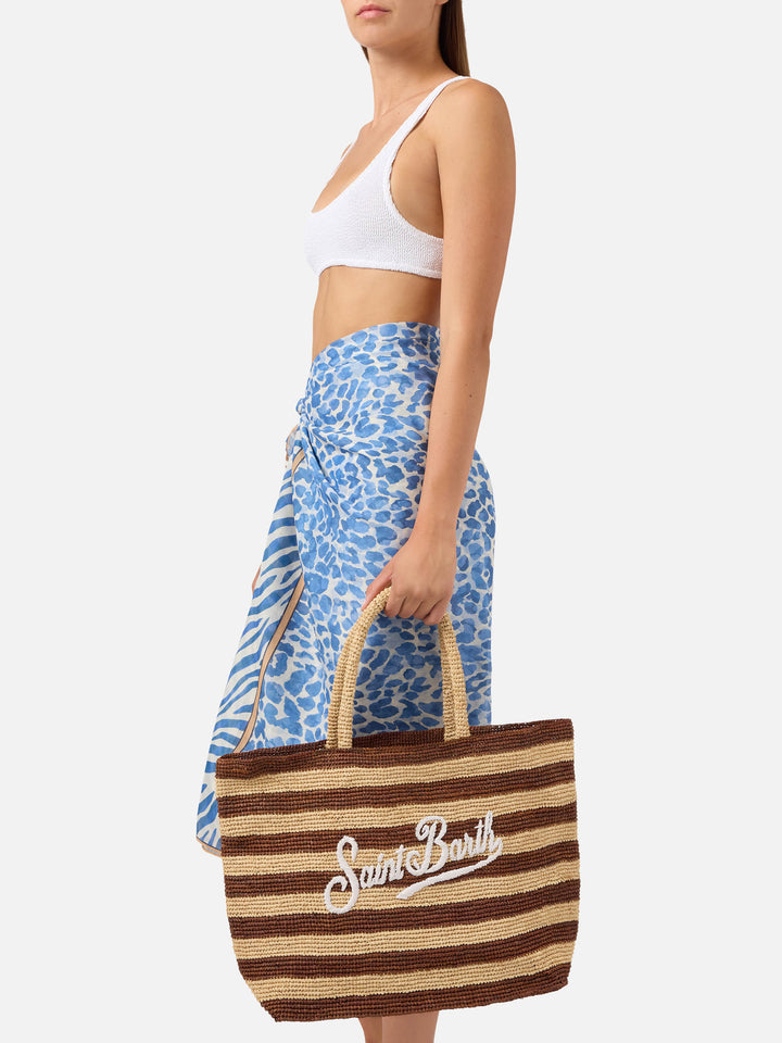 Bolso de playa de rafia con rayas marrones y logotipo bordado 
