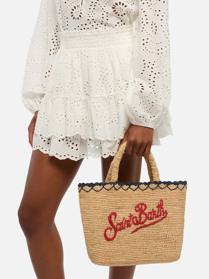 Rafia Mid Beach Bag beige con pochette interna in cotone e bordo a cuori