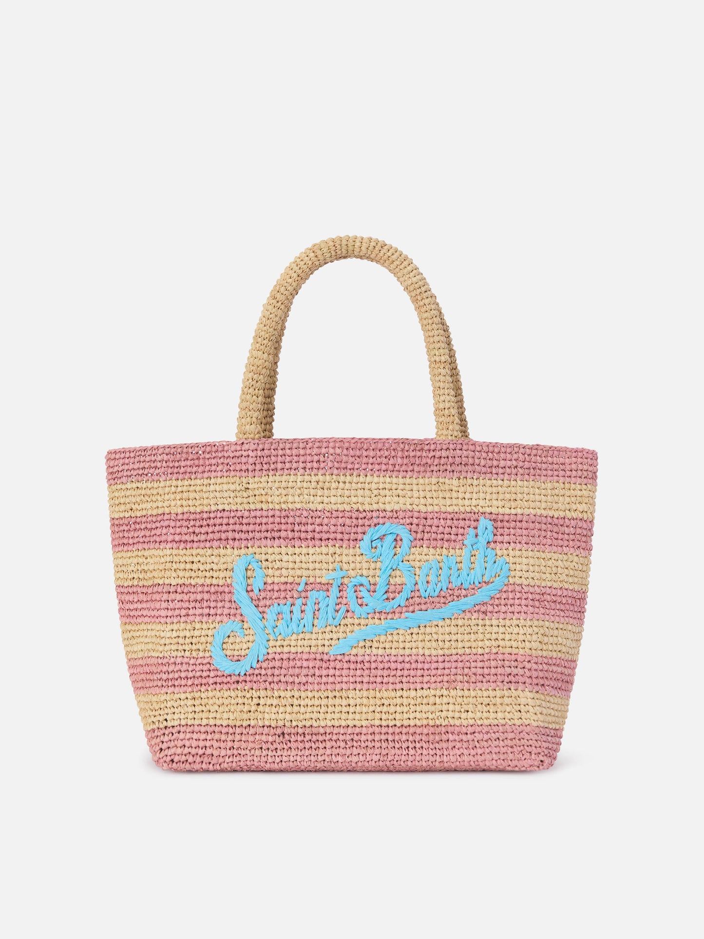 Medium Beach Basttasche aus Raffia mit rosa Streifen und gesticktem Logo 