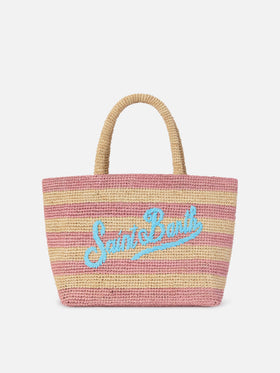 Medium Beach Basttasche aus Raffia mit rosa Streifen und gesticktem Logo 
