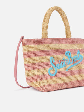 Medium Beach Basttasche aus Raffia mit rosa Streifen und gesticktem Logo 