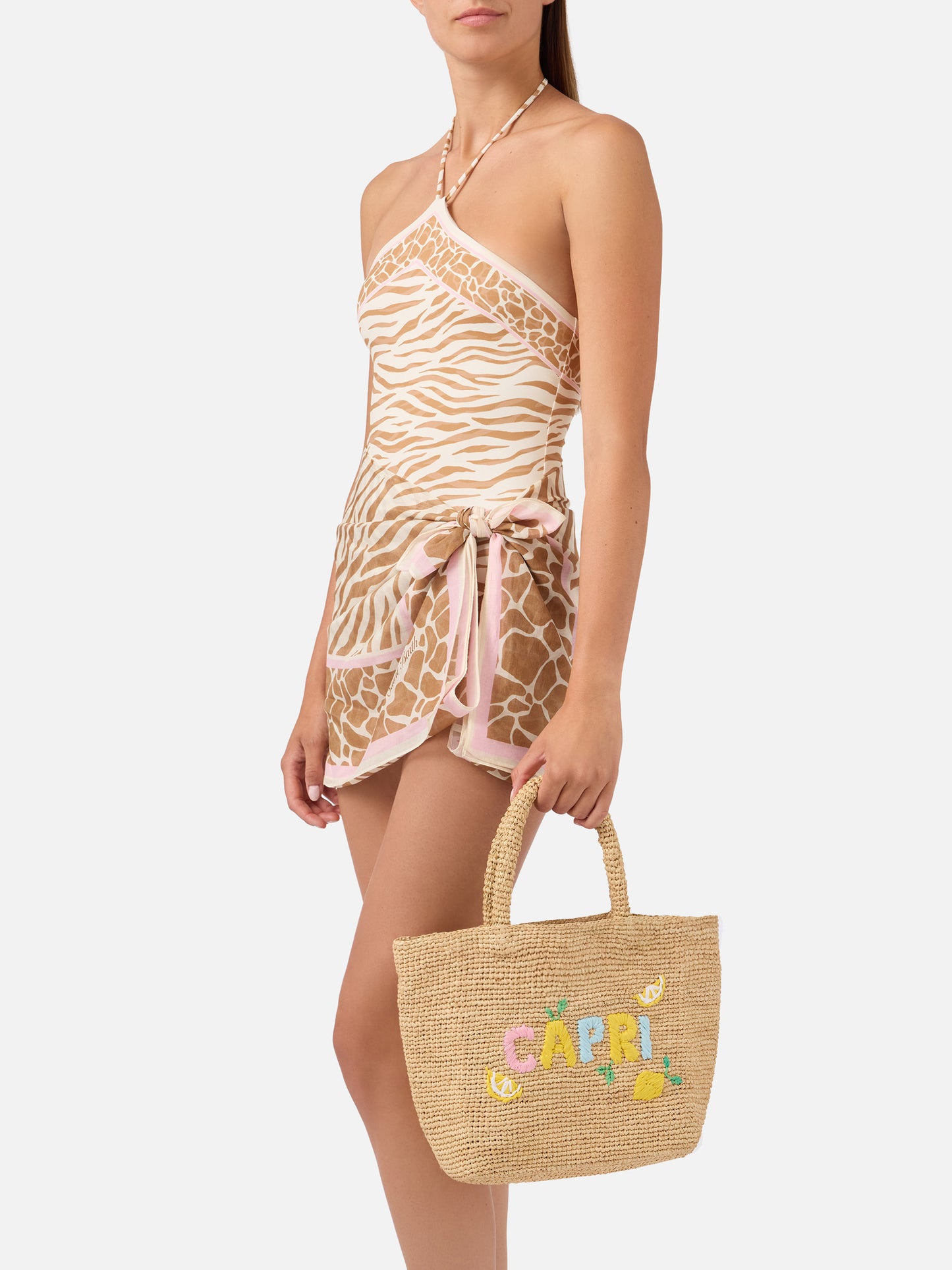 Beach medium raffia bag with Capri embroidery