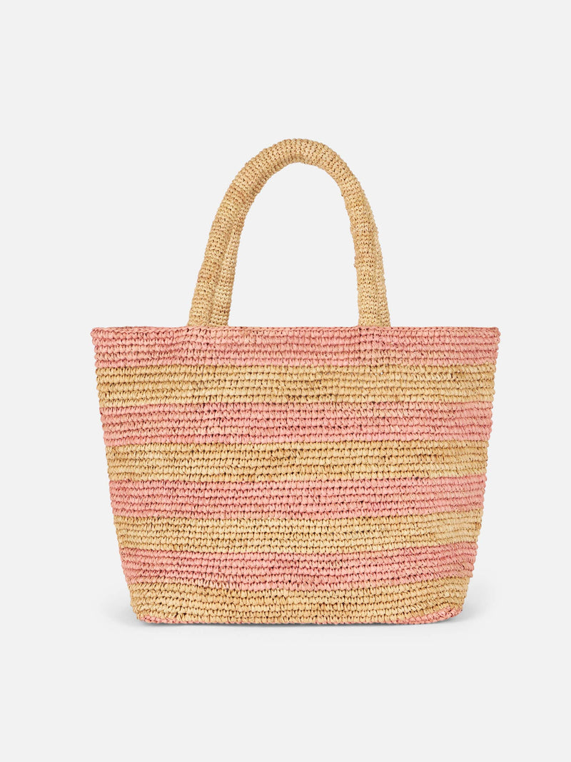 Rosa gestreifte Raffia Beach Midi-Tasche mit Baumwollbeutel