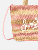 Rosa gestreifte Raffia Beach Midi-Tasche mit Baumwollbeutel