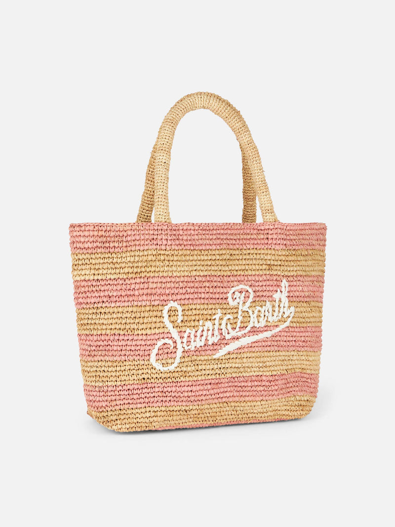 Rosa gestreifte Raffia Beach Midi-Tasche mit Baumwollbeutel