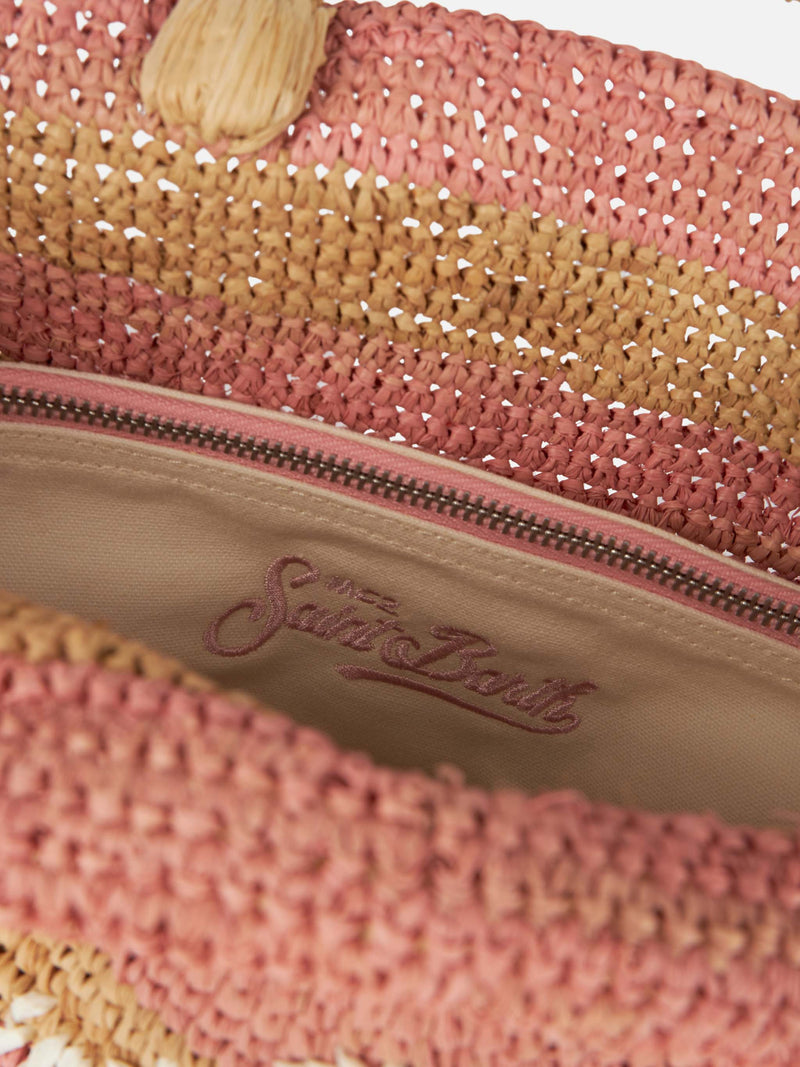 Rosa gestreifte Raffia Beach Midi-Tasche mit Baumwollbeutel