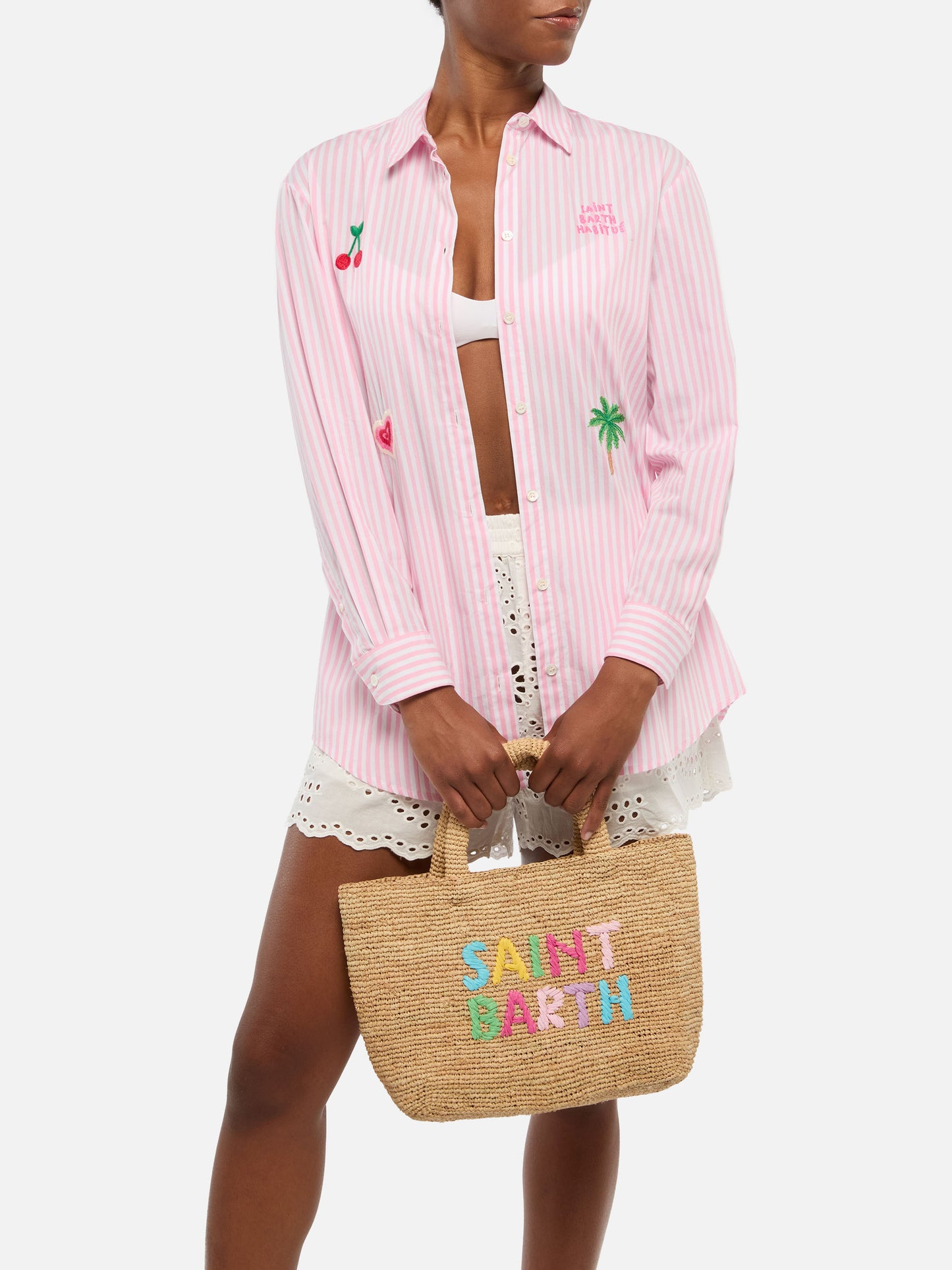 Beige Raffia Mid Strandtasche mit Baumwollbeutel