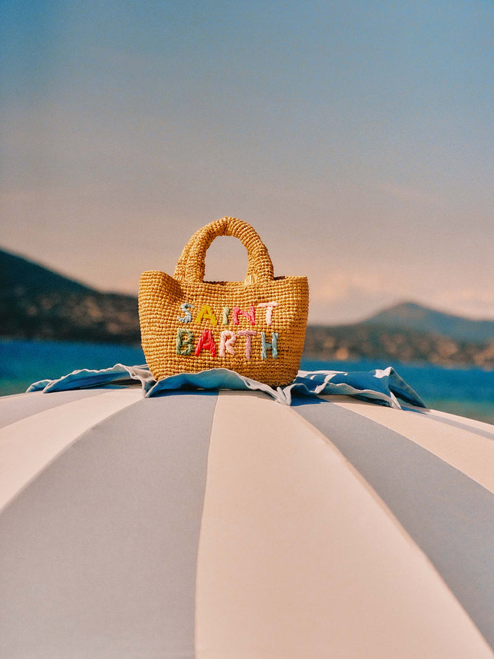Beach mini raffia bag with multicolor embroidered logo
