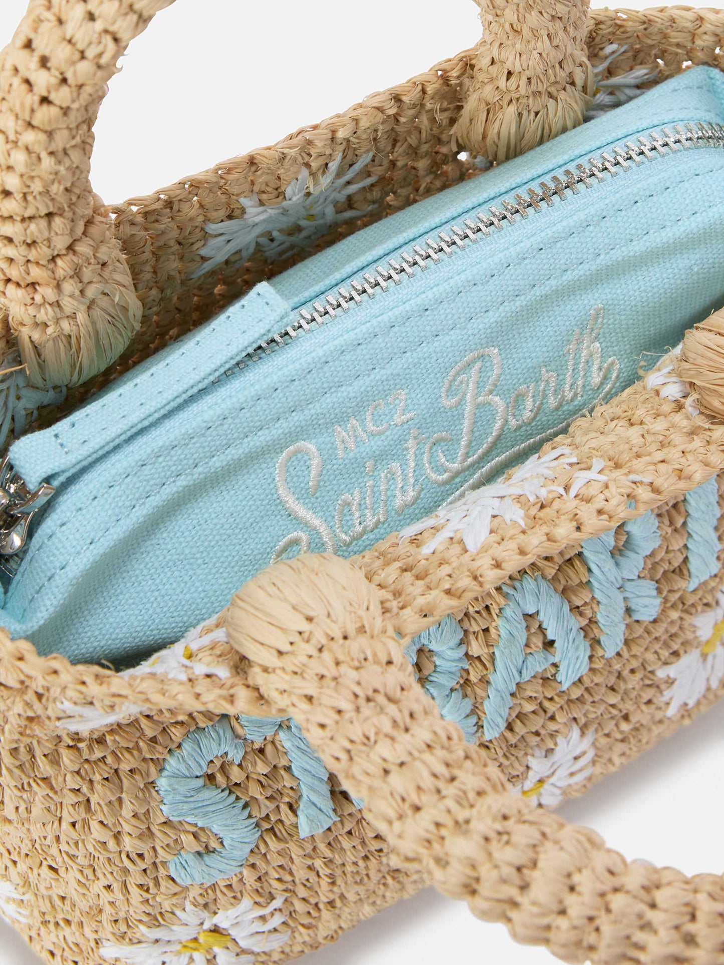 Beach mini raffia bag with embroidered daisies