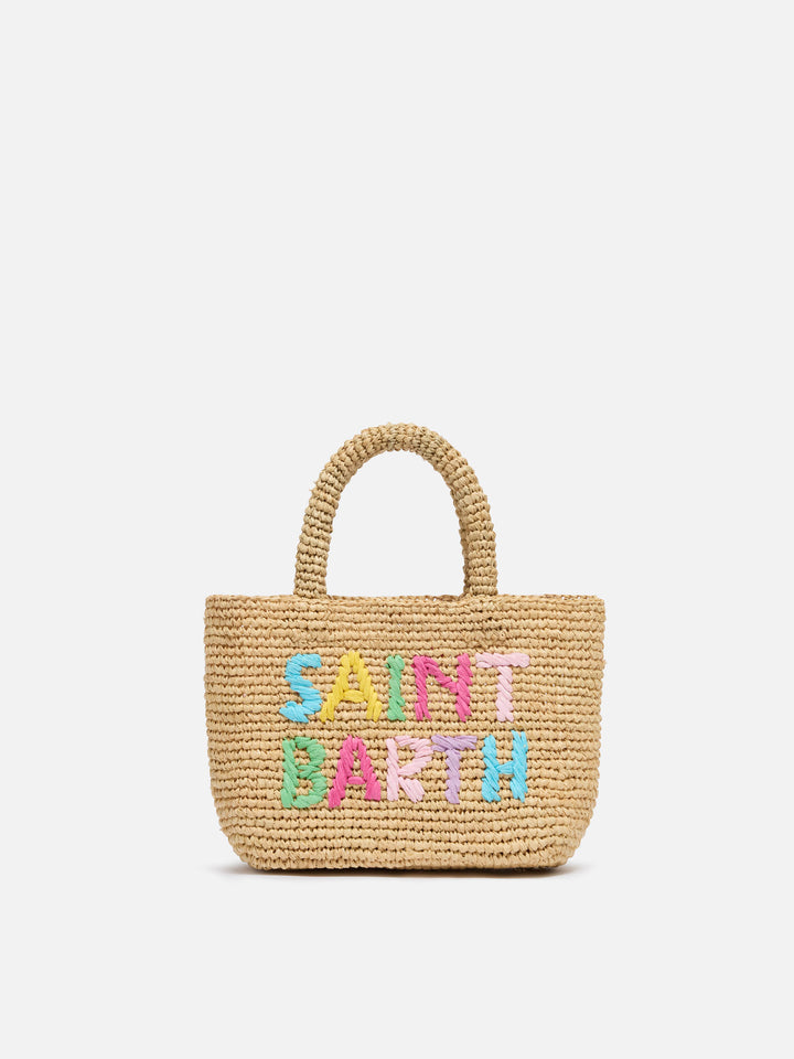Borsa Beach mini in raffia con logo ricamato multicolor