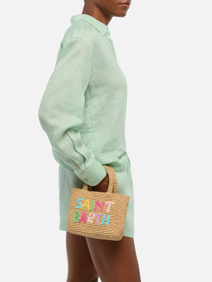 Borsa Beach mini in raffia con logo ricamato multicolor