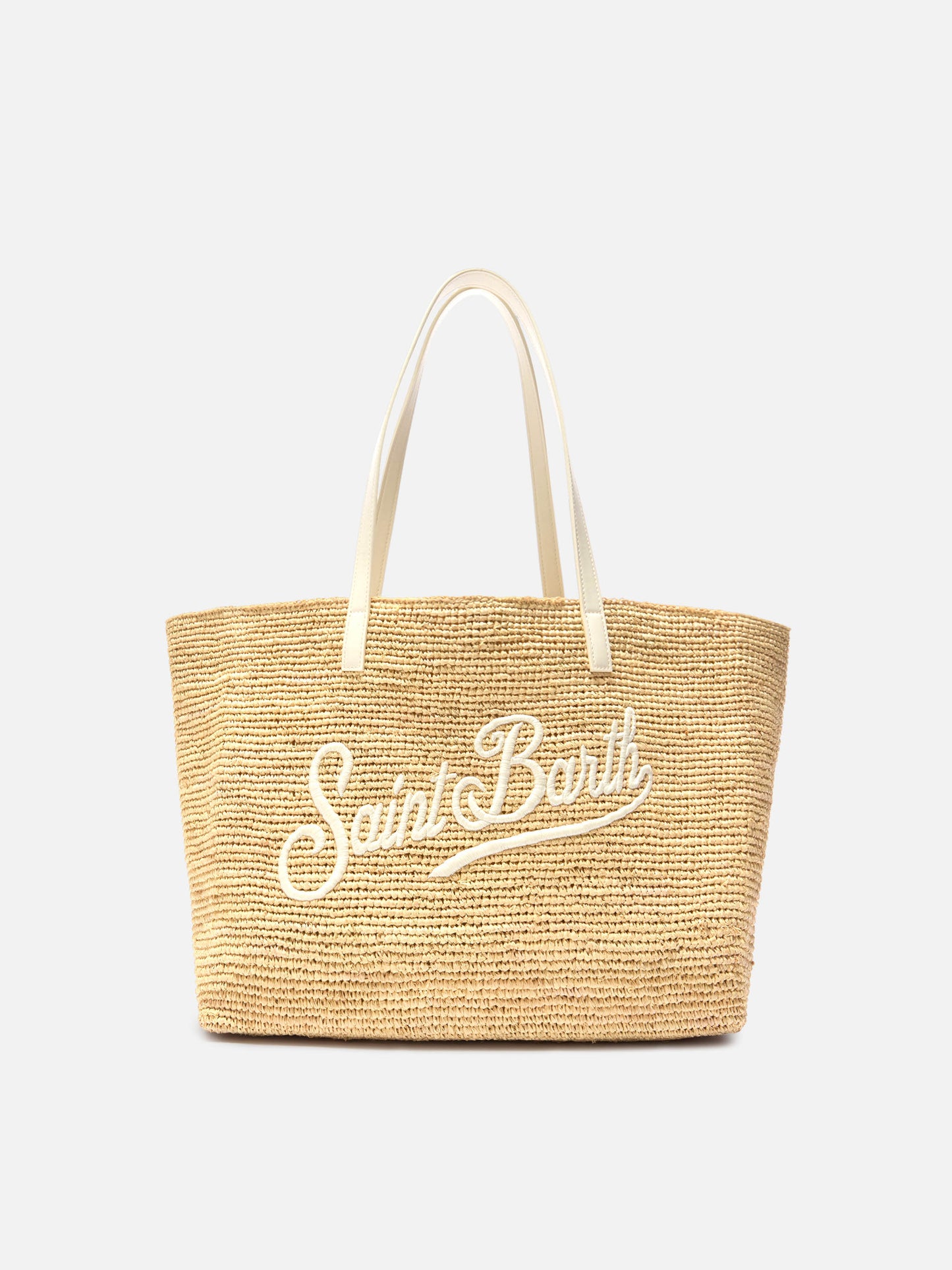 City raffia bag with contrasting ivory embroidered logo