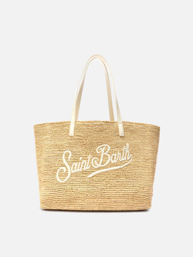 City raffia bag with contrasting ivory embroidered logo