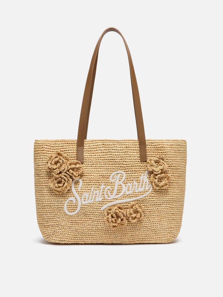 Rafia City Mid Bag beige con fiori applicati
