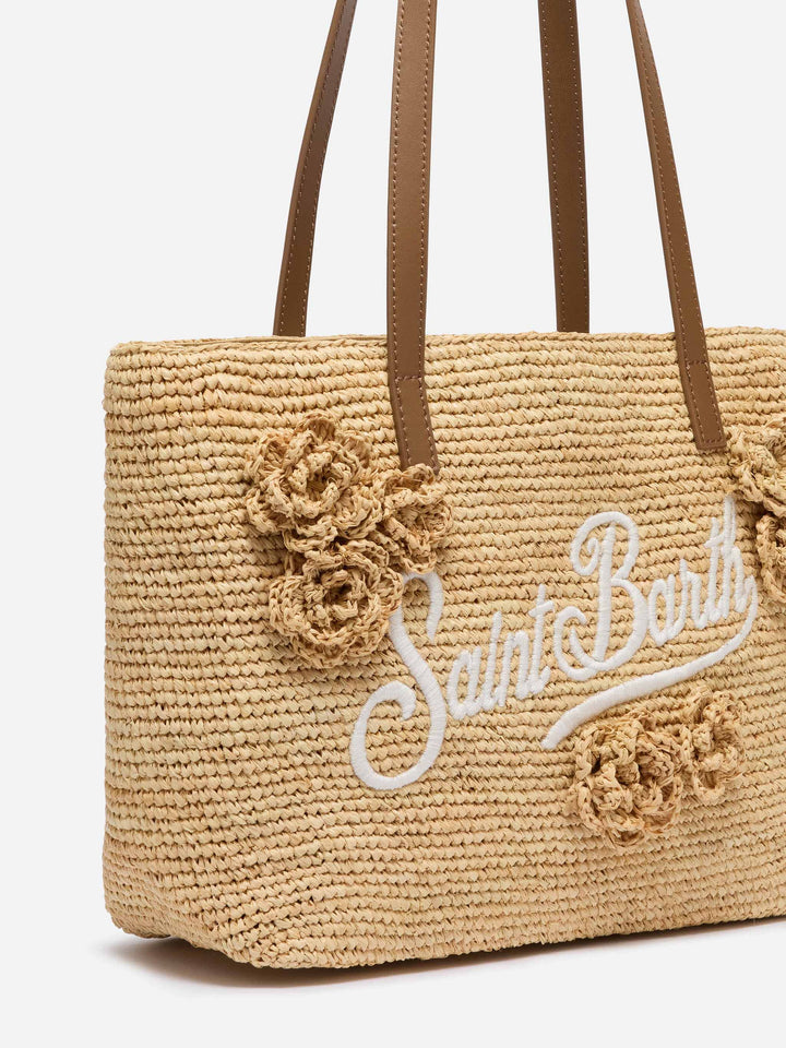Rafia City Mid Bag beige con fiori applicati