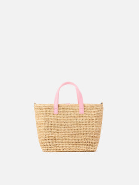 Mini City raffia bag with contrasting pink embroidered logo