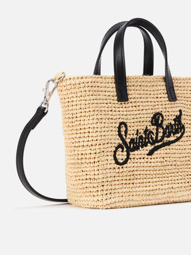 Mini City raffia bag with contrasting black embroidered logo