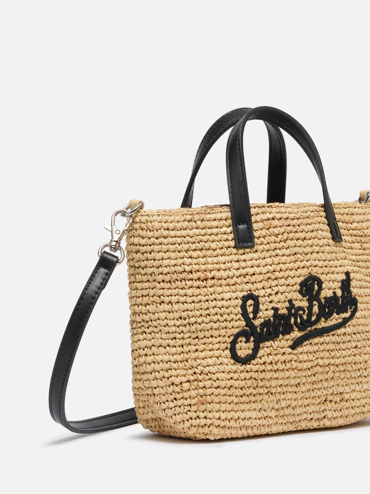 Beige Raffia City Mini-Tasche mit Saint Barth-Stickerei