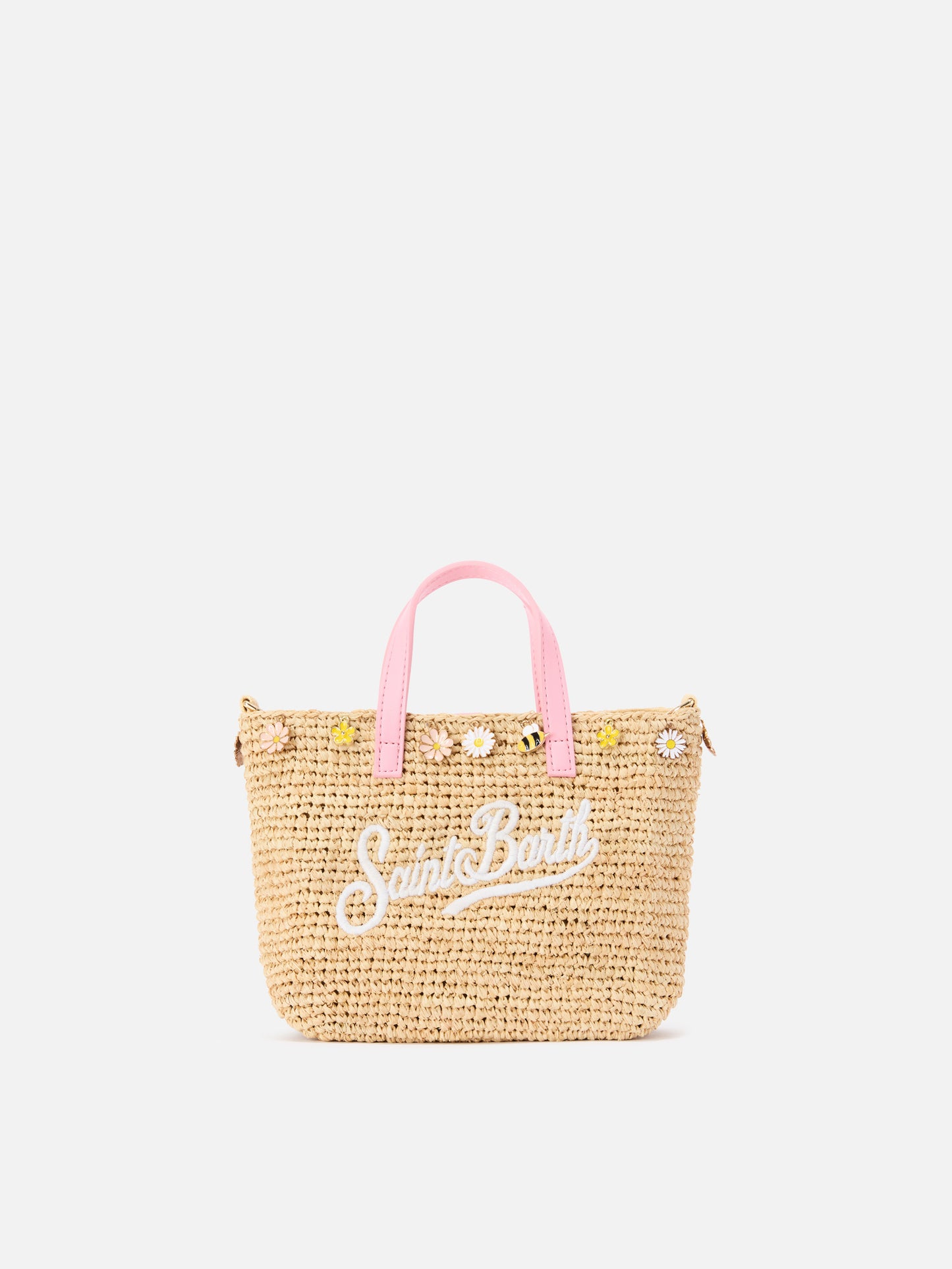 Borsa City mini in raffia con charms applicati e logo ricamato
